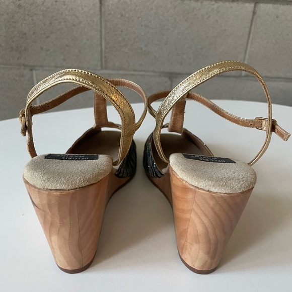 Vintage Inspired Gold and Brocade T-Strap Wedge Shoes - Picture 3 of 11